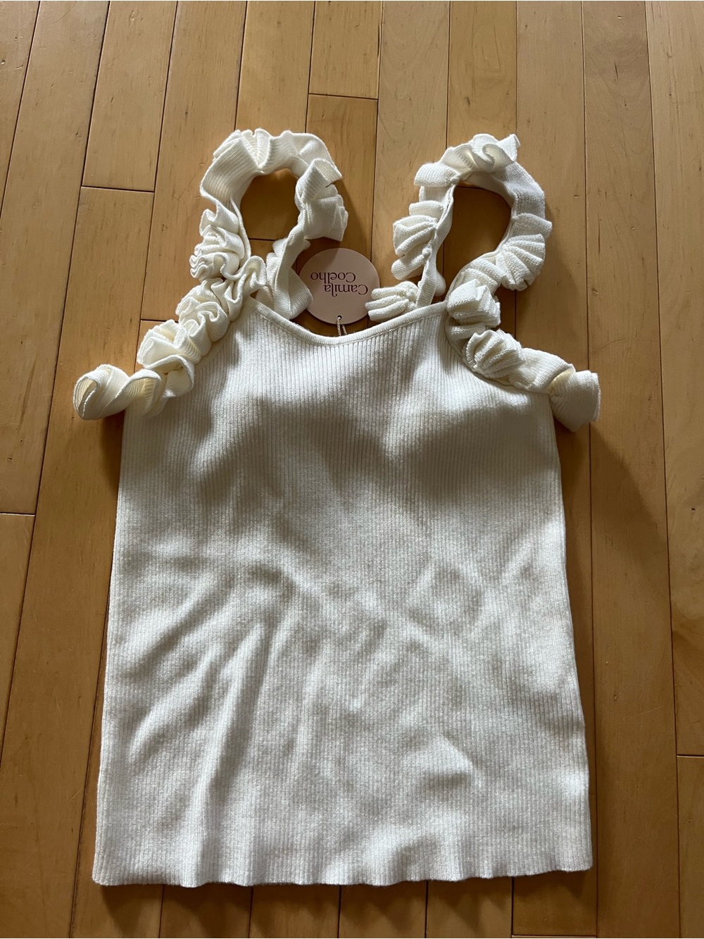 Camila Coelho Cream Ruffle Strap Ribbed Tank - Picture 9 of 11
